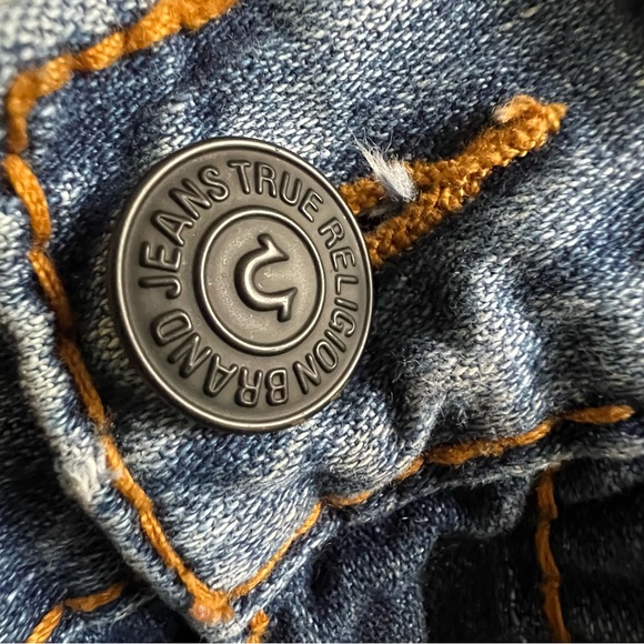 True Religion Big T Straight Flap Red Orange Stitch Distressed Denim Blue Jeans - Picture 6 of 16